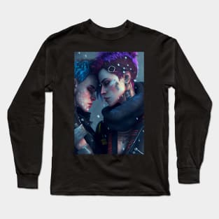 Futuristic Cyberpunk Lesbian Lovers Embrace in Emotional Portrait Long Sleeve T-Shirt